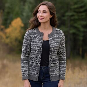 Talbots Lambswool Nordic Cardigan Womens Size M Elegant Beaded Artsy Sweater